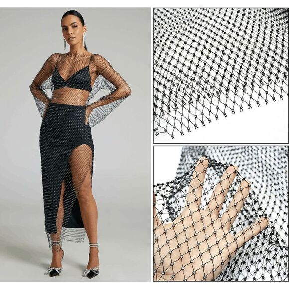 ✨💎 NWT Rhinestone Crystal Diamond Fishnet Mesh Sheer Long Sleeve Maxi Dress L - Picture 9 of 17